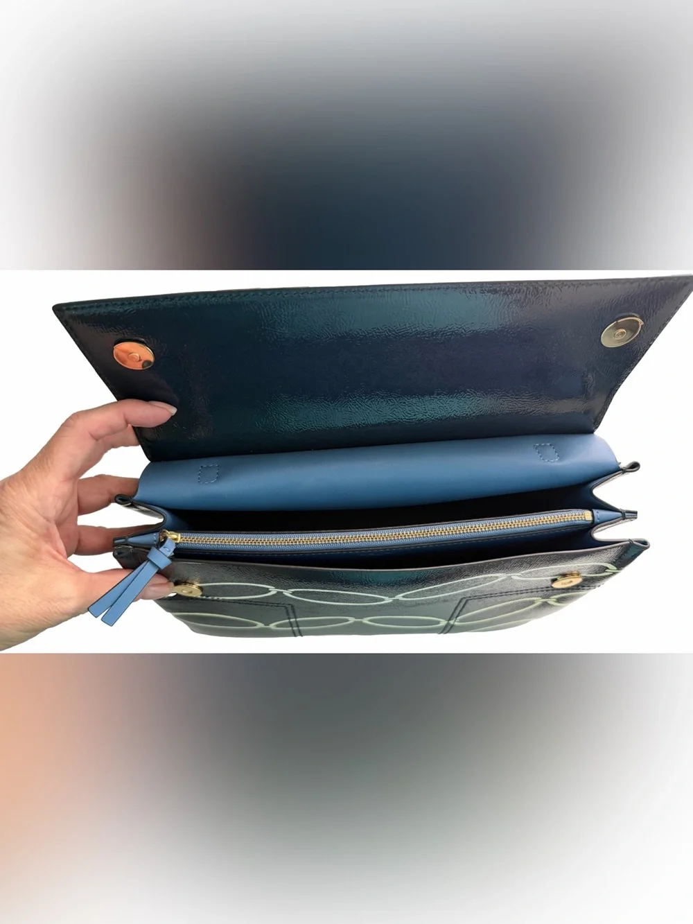Tory Burch  Block-T Satchel in Navy Blue Patent Elliptical Link